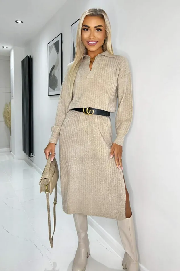 AX Paris Oatmeal Knit Long Sleeve Collared Midi Dress Women Dresses
