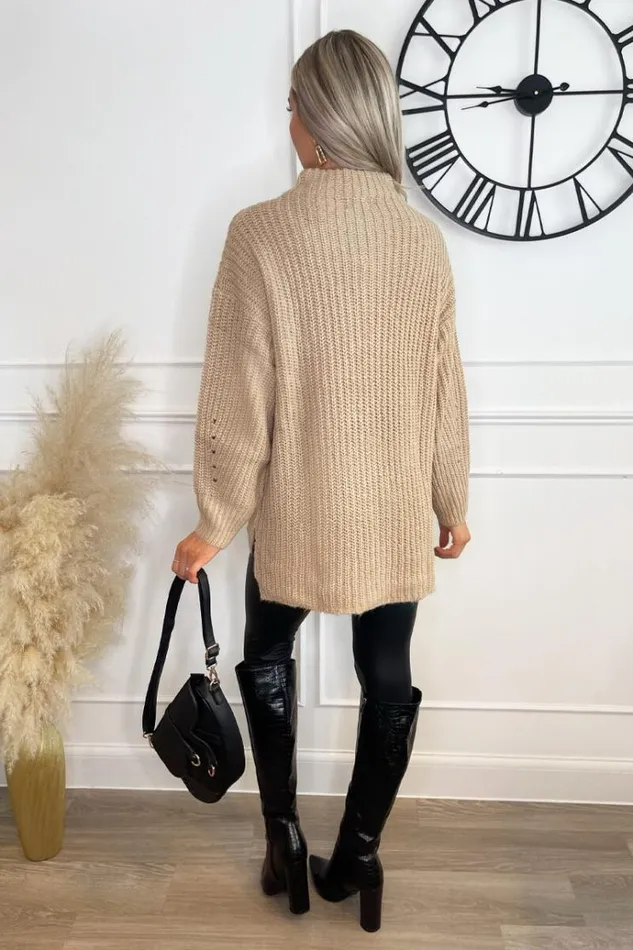 AX Paris Oatmeal Mock Neck Oversized Knit Jumper Women Knitwear