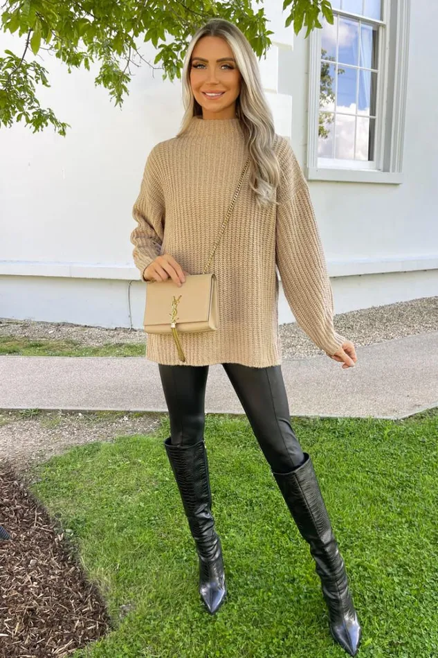 AX Paris Oatmeal Mock Neck Oversized Knit Jumper Women Tops