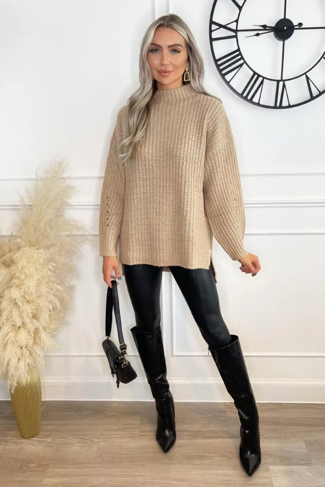AX Paris Oatmeal Mock Neck Oversized Knit Jumper Women Tops