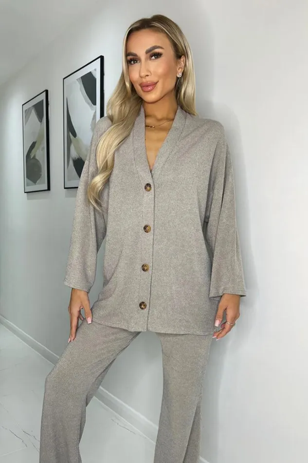 AX Paris Oatmeal Ribbed Knit Button Front Lounge Cardigan Women Loungewear