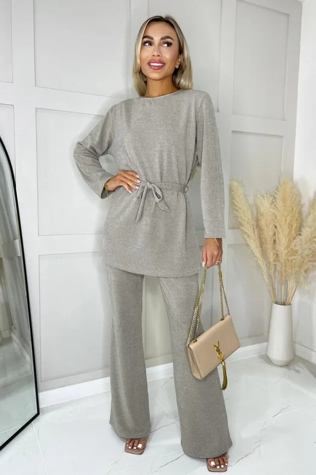 AX Paris Oatmeal Ribbed Knit Flared Lounge Trousers Women Trousers and Leggings