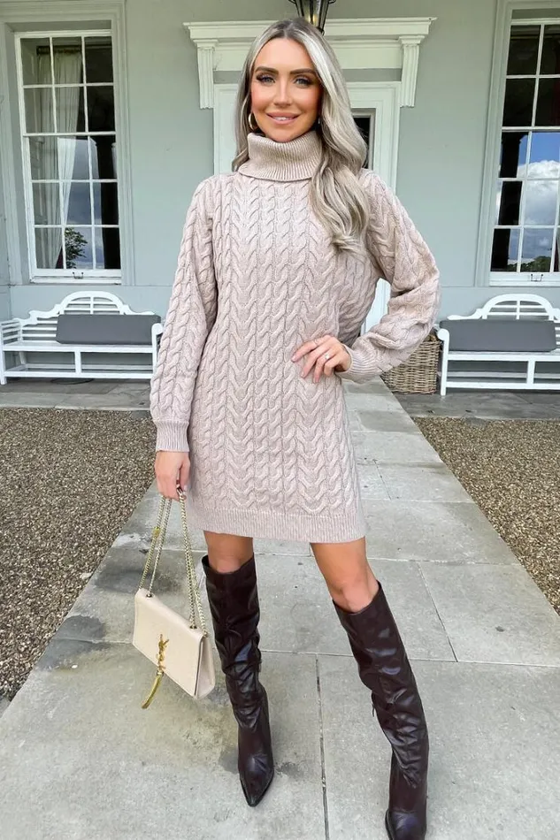 AX Paris Oatmeal Roll Neck Cable Knit Dress Women Dresses