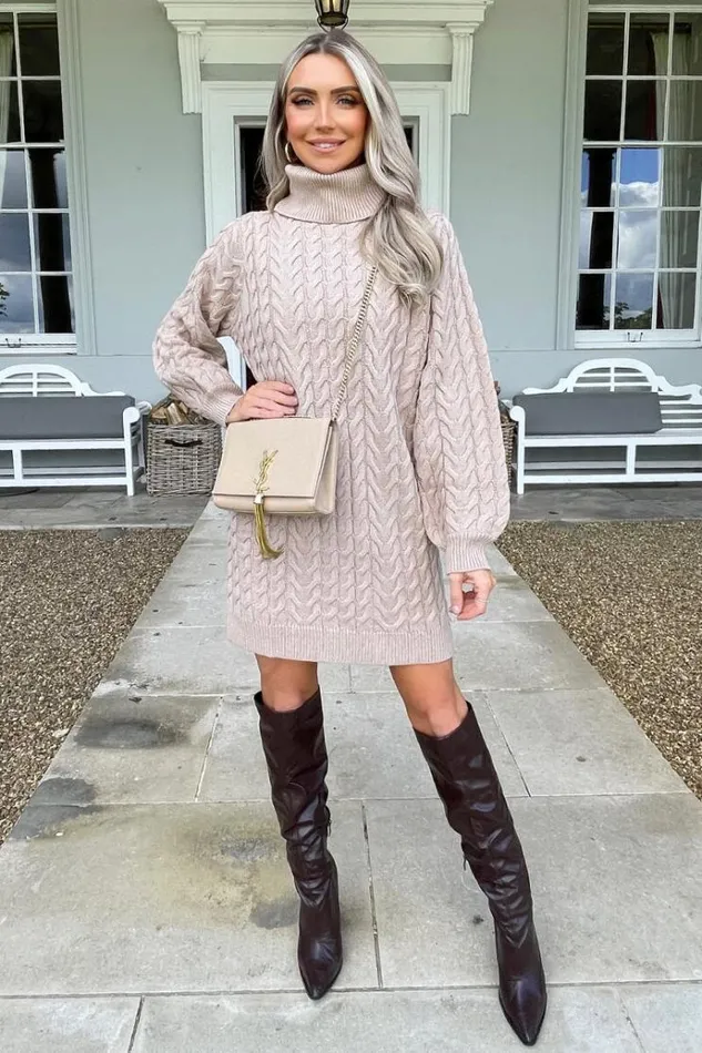 AX Paris Oatmeal Roll Neck Cable Knit Dress Women Dresses