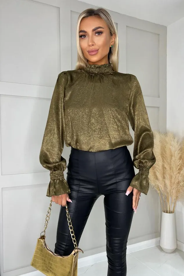AX Paris Olive And Gold Long Sleeve Top Women Tops
