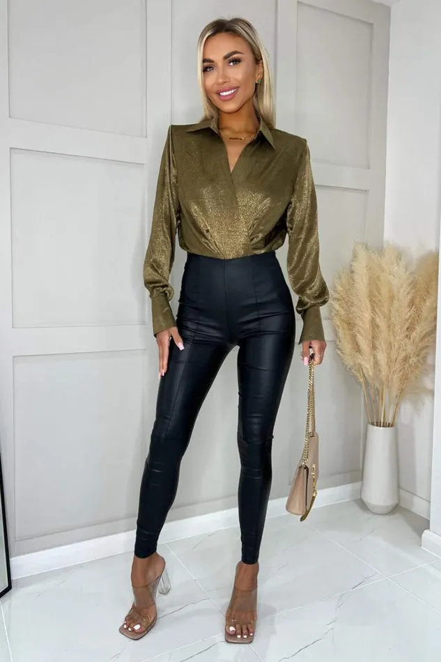 AX Paris Olive And Gold Wrap Shirt Bodysuit Women Bodysuits