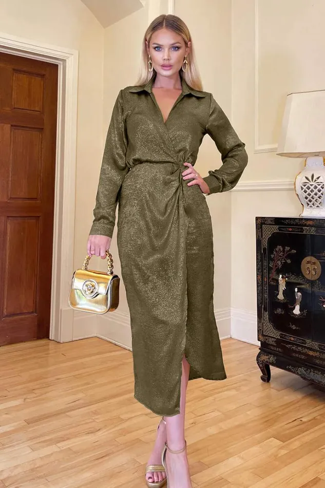 AX Paris Olive And Gold Wrap Shirt Midi Dress Women Dresses