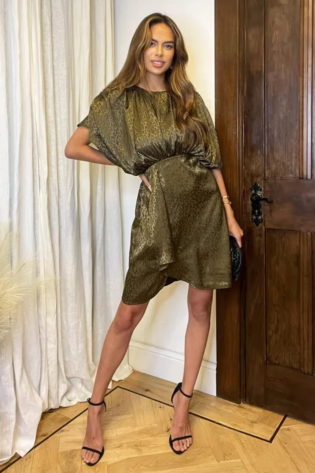 AX Paris Olive Animal Print Batwing Gathered Top Mini Dress Women Dresses