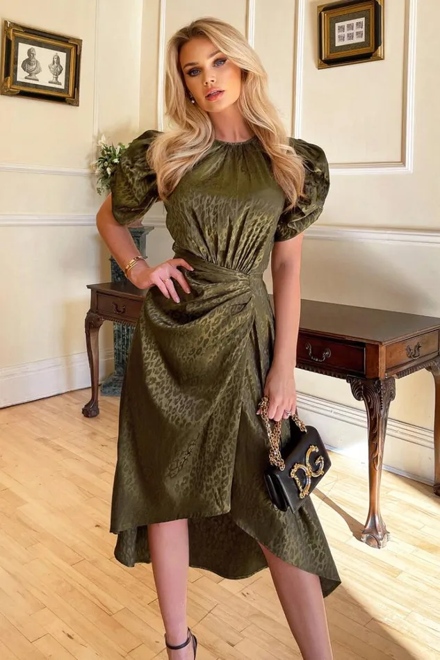 AX Paris Olive Animal Print Puff Sleeve Satin Midi Dress Women Dresses