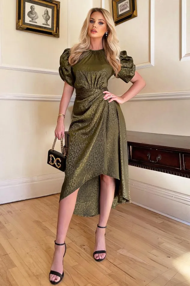 AX Paris Olive Animal Print Puff Sleeve Satin Midi Dress Women Dresses