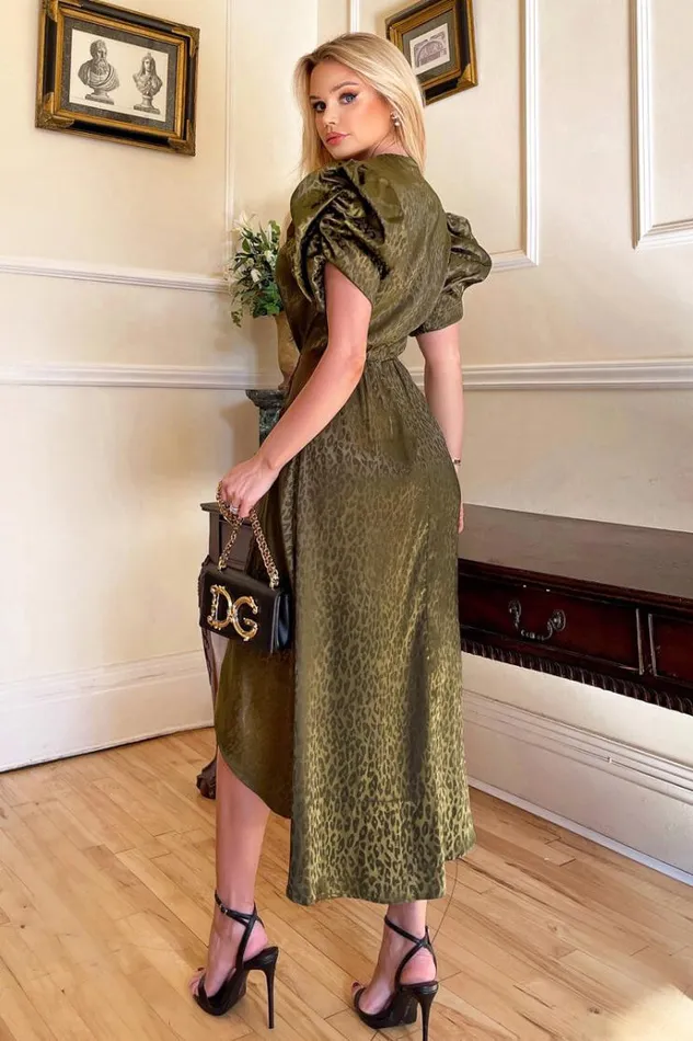 AX Paris Olive Animal Print Puff Sleeve Satin Midi Dress Women Dresses