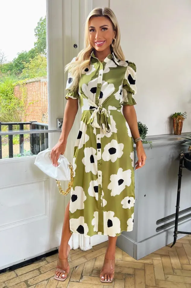 AX Paris Olive Bold Floral Print Midi Shirt Dress Women Dresses