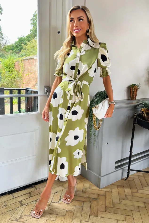AX Paris Olive Bold Floral Print Midi Shirt Dress Women Dresses