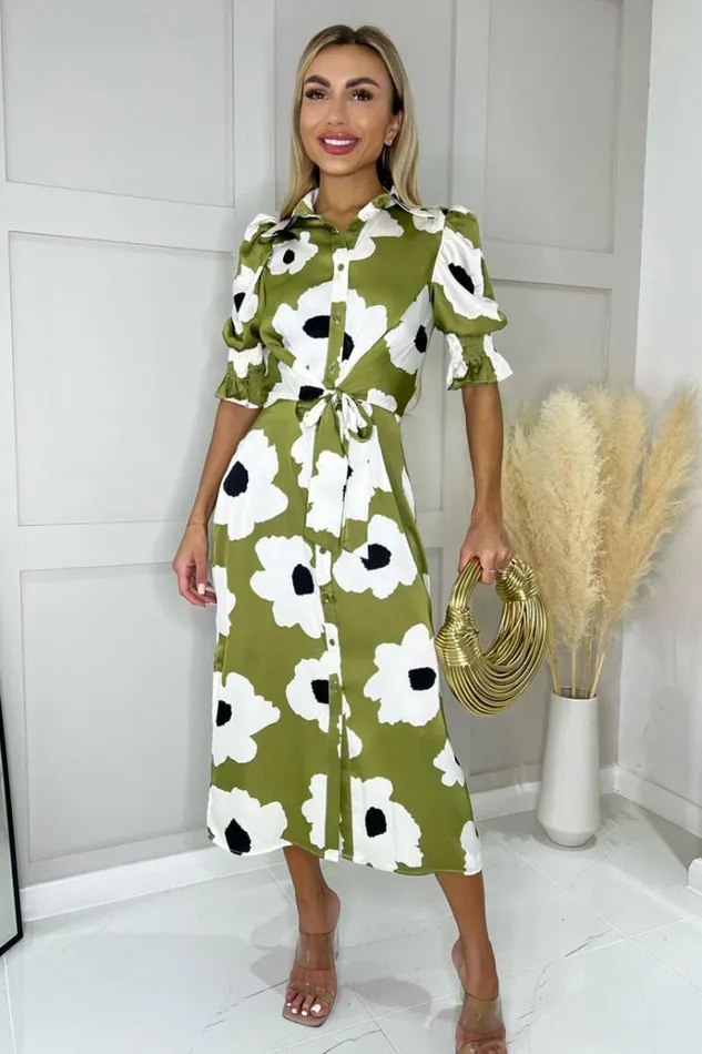 AX Paris Olive Bold Floral Print Midi Shirt Dress Women Dresses