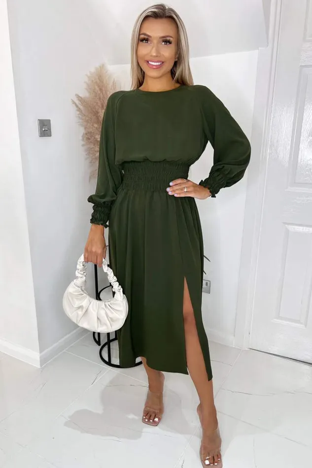 AX Paris Olive Elasticated Waist Midi Dress With Split Women Dresses