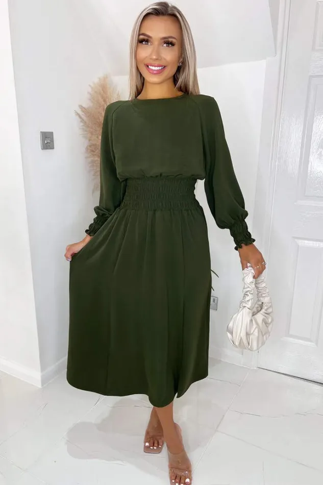 AX Paris Olive Elasticated Waist Midi Dress With Split Women Dresses