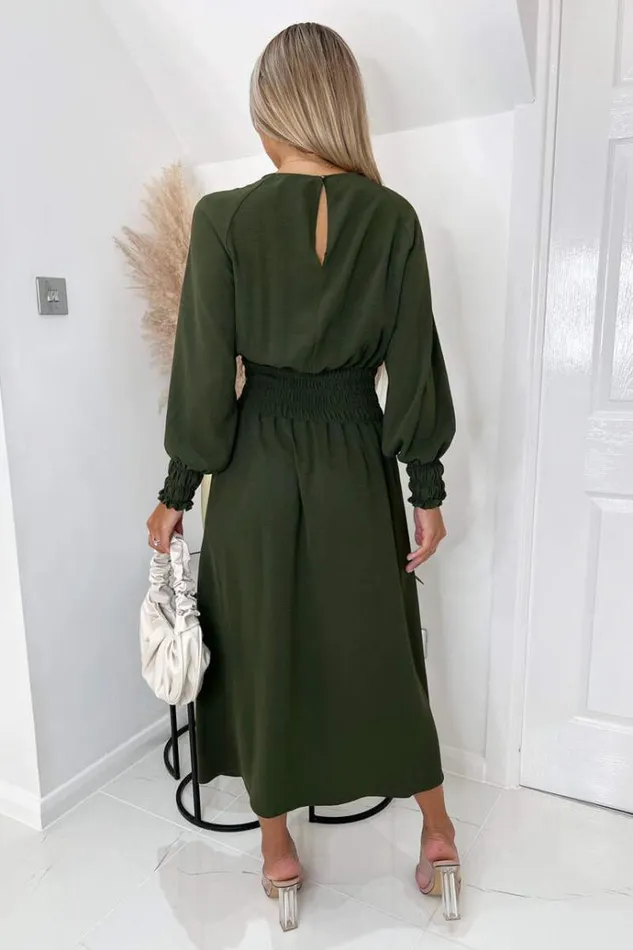 AX Paris Olive Elasticated Waist Midi Dress With Split Women Dresses