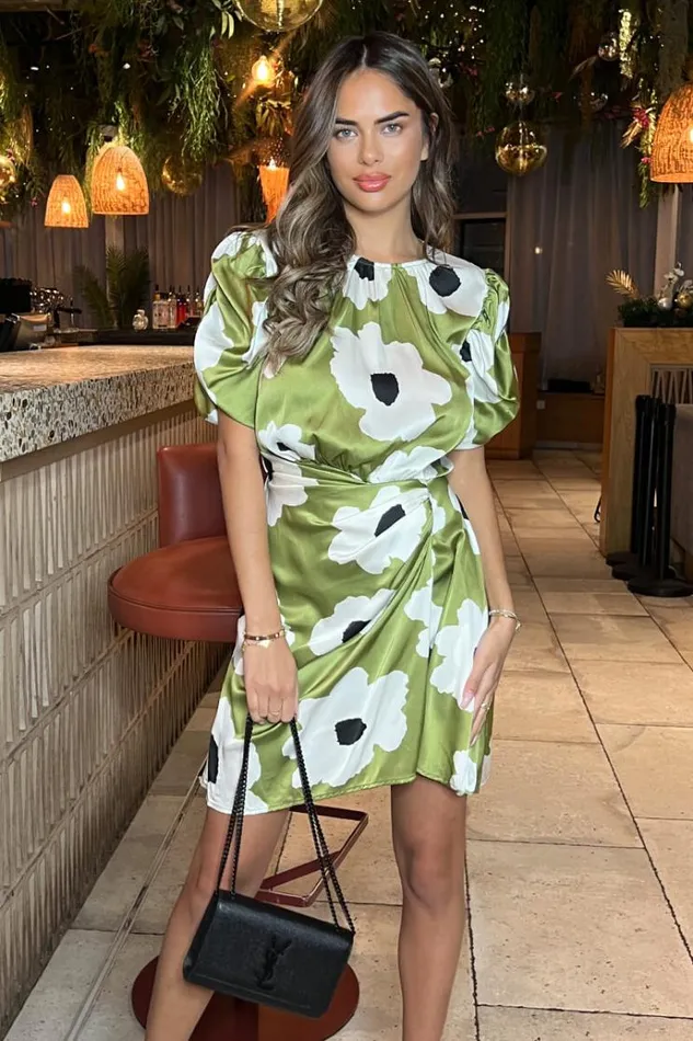 AX Paris Olive Floral Printed Short Puff Sleeve Gathered Side Mini Dress Women Dresses AX Paris Olive Floral Printed Short Puff Sleeve Gathered Side Mini Dress Women Dresses