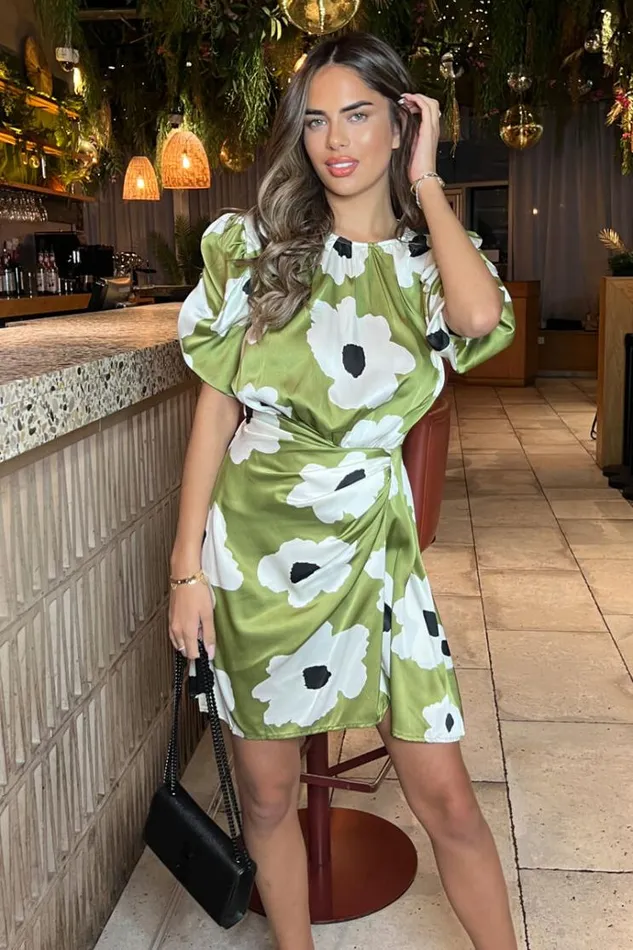 AX Paris Olive Floral Printed Short Puff Sleeve Gathered Side Mini Dress Women Dresses