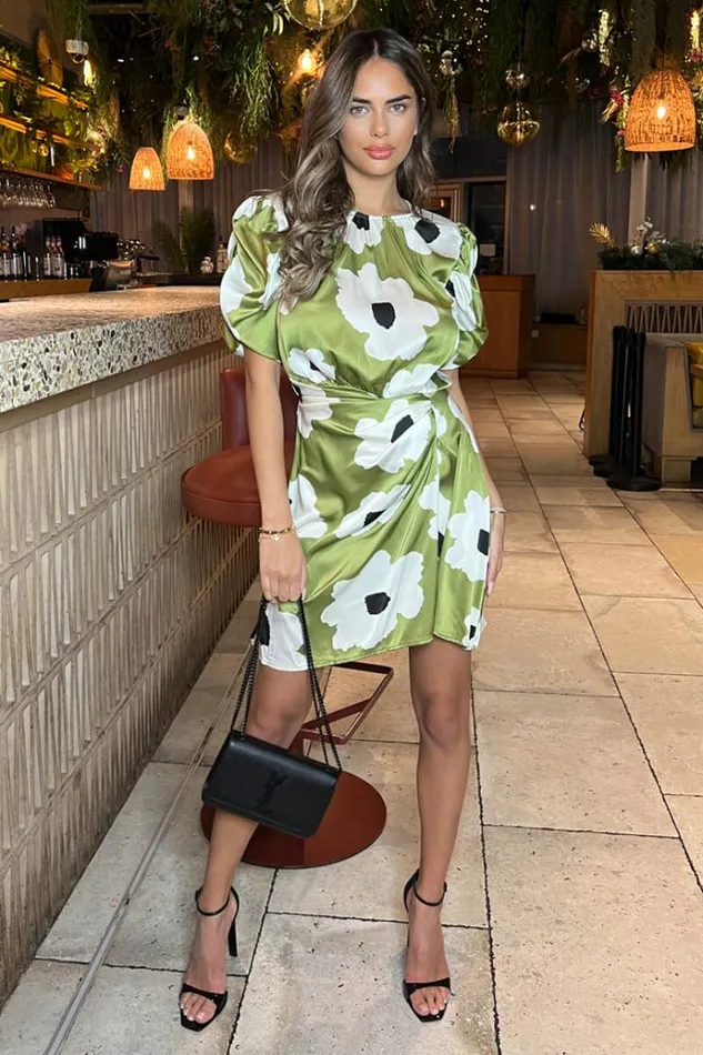 AX Paris Olive Floral Printed Short Puff Sleeve Gathered Side Mini Dress Women Dresses