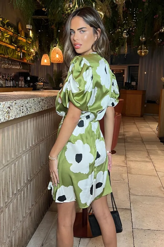 AX Paris Olive Floral Printed Short Puff Sleeve Gathered Side Mini Dress Women Dresses