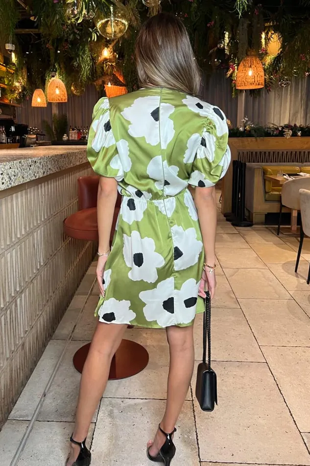 AX Paris Olive Floral Printed Short Puff Sleeve Gathered Side Mini Dress Women Dresses