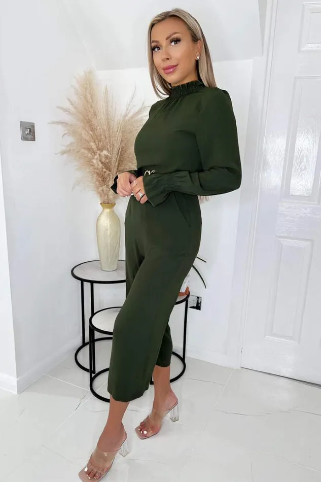 AX Paris Olive High Neck Long Sleeve Belted Jumpsuit Women Jumpsuits And Playsuits