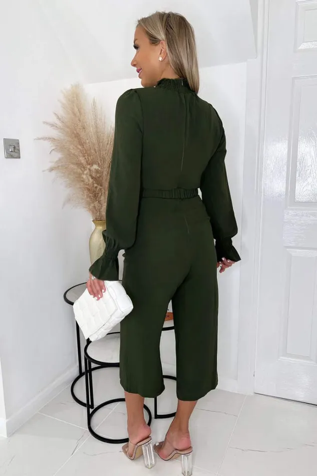 AX Paris Olive High Neck Long Sleeve Belted Jumpsuit Women Jumpsuits And Playsuits
