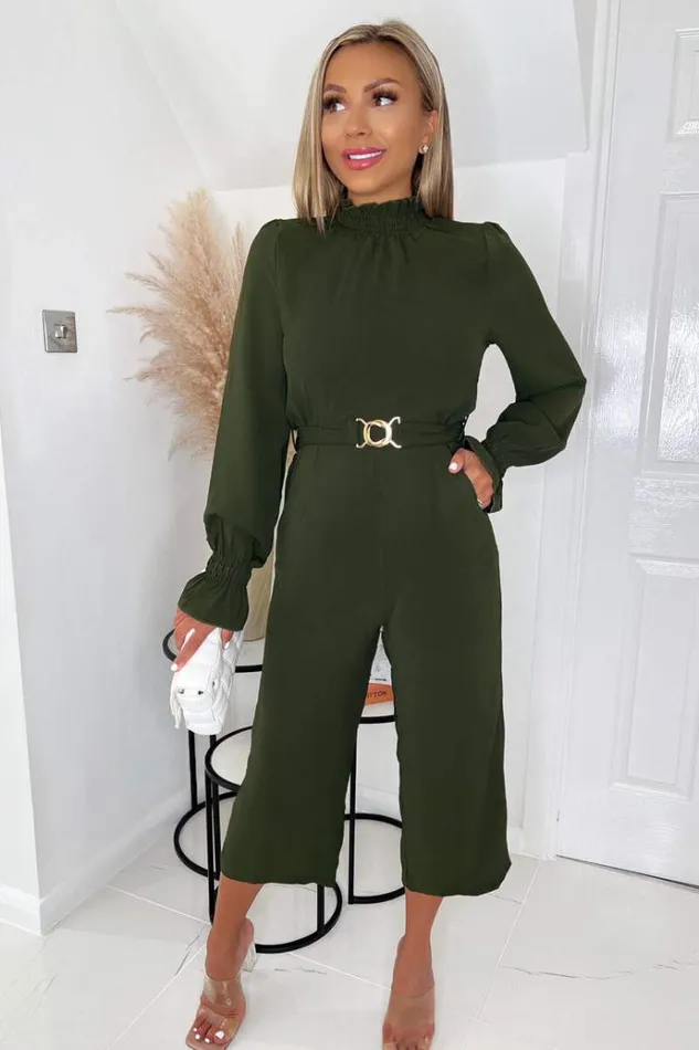 AX Paris Olive High Neck Long Sleeve Belted Jumpsuit Women Jumpsuits And Playsuits