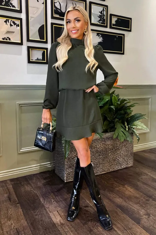 AX Paris Olive High Neck Long Sleeve Mini Dress Women Dresses
