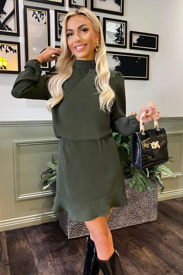 AX Paris Olive High Neck Long Sleeve Mini Dress Women Dresses