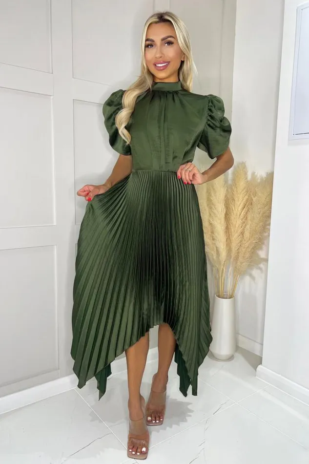AX Paris Olive High Neck Puff Sleeve Zig Zag Hem Pleated Midi Dress Women Dresses