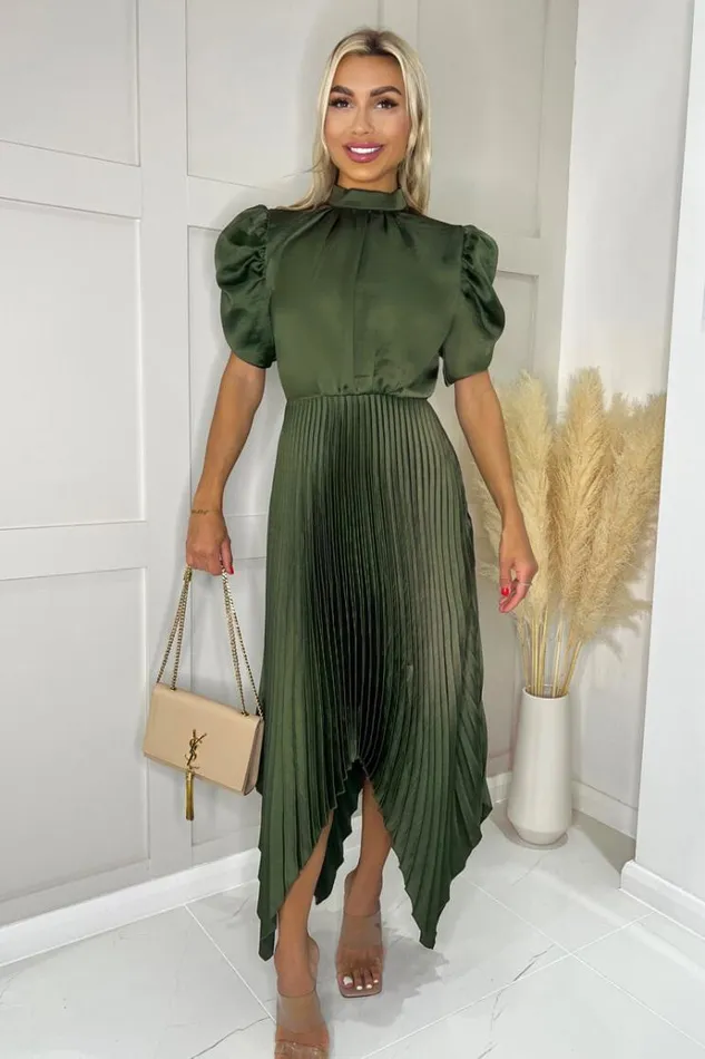AX Paris Olive High Neck Puff Sleeve Zig Zag Hem Pleated Midi Dress Women Dresses