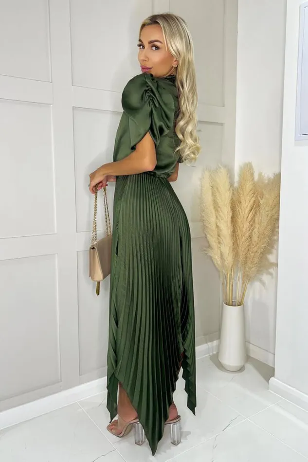 AX Paris Olive High Neck Puff Sleeve Zig Zag Hem Pleated Midi Dress Women Dresses
