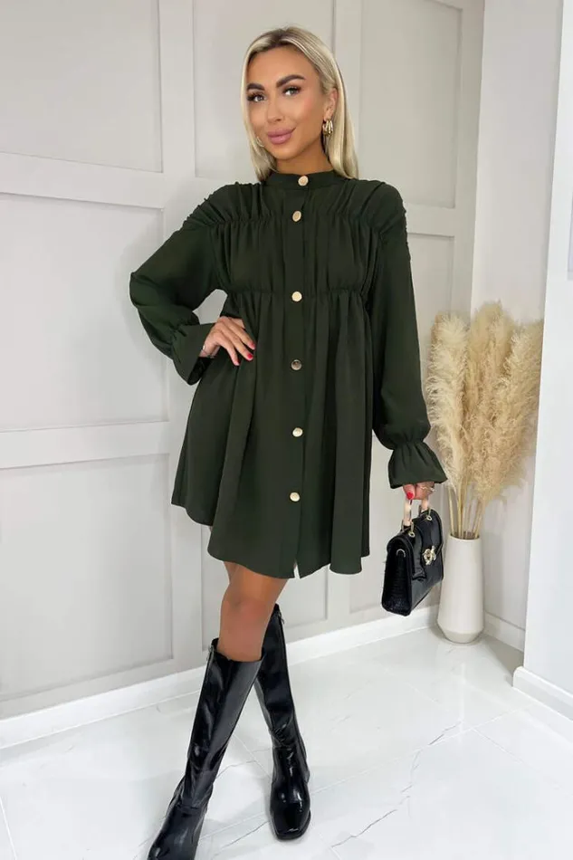 AX Paris Olive Long Sleeve Gathered Detail Button Front Dress Women Dresses