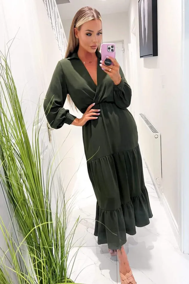 AX Paris Olive Long Sleeve Wrap Top Smock Midi Dress Women Dresses