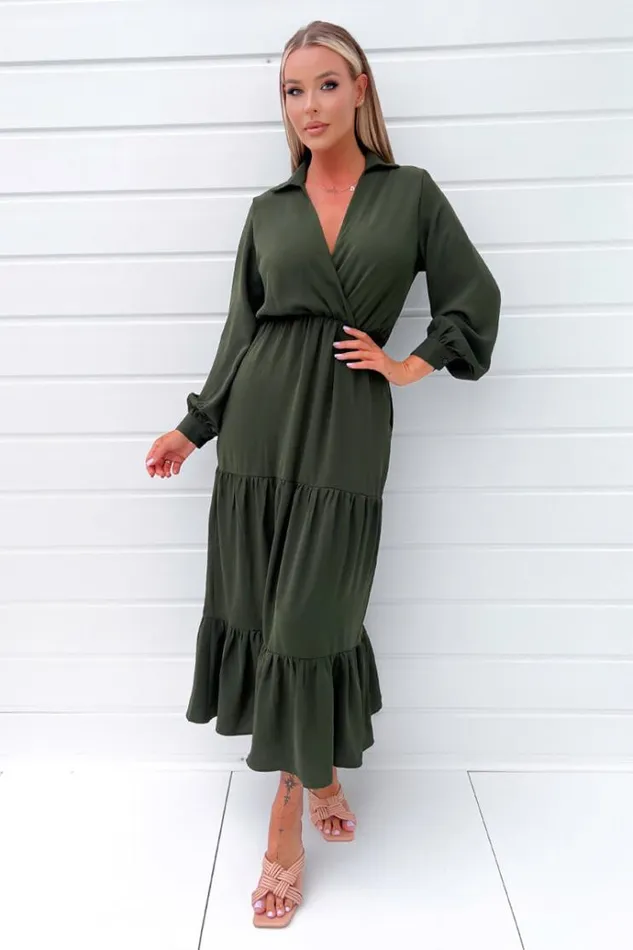 AX Paris Olive Long Sleeve Wrap Top Smock Midi Dress Women Dresses