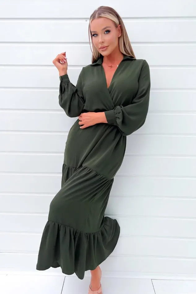 AX Paris Olive Long Sleeve Wrap Top Smock Midi Dress Women Dresses