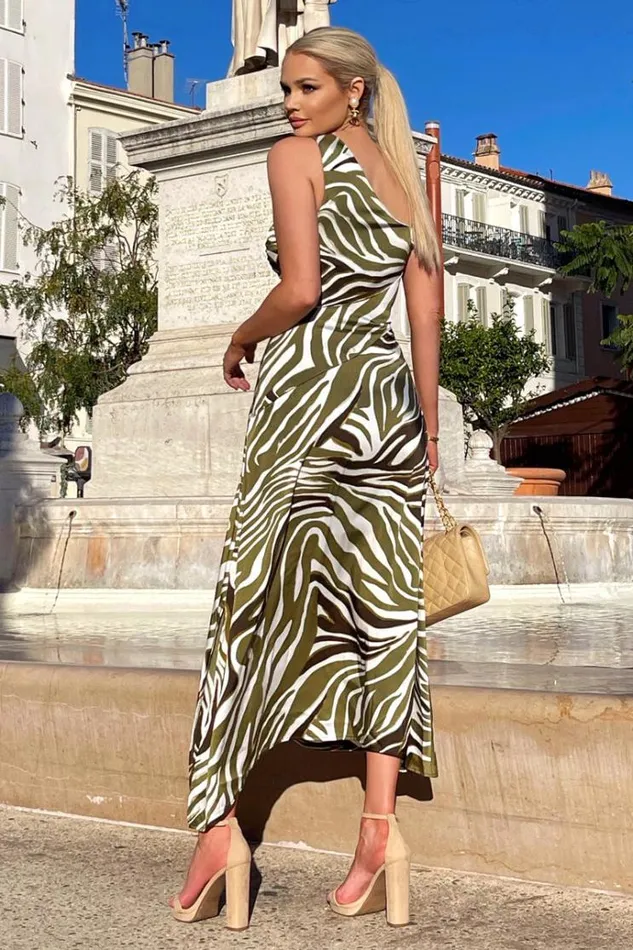 AX Paris Olive Print Asymmetric Cut Out Midi Dress Women Dresses