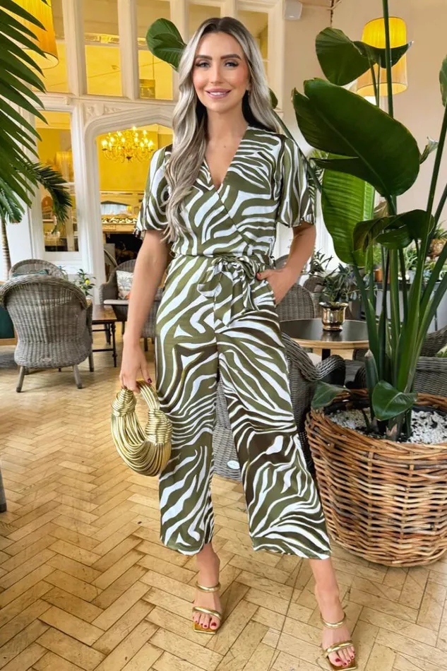 AX Paris Olive Print Wrap Top Tie Waist Jumpsuit Women Jumpsuits And Playsuits