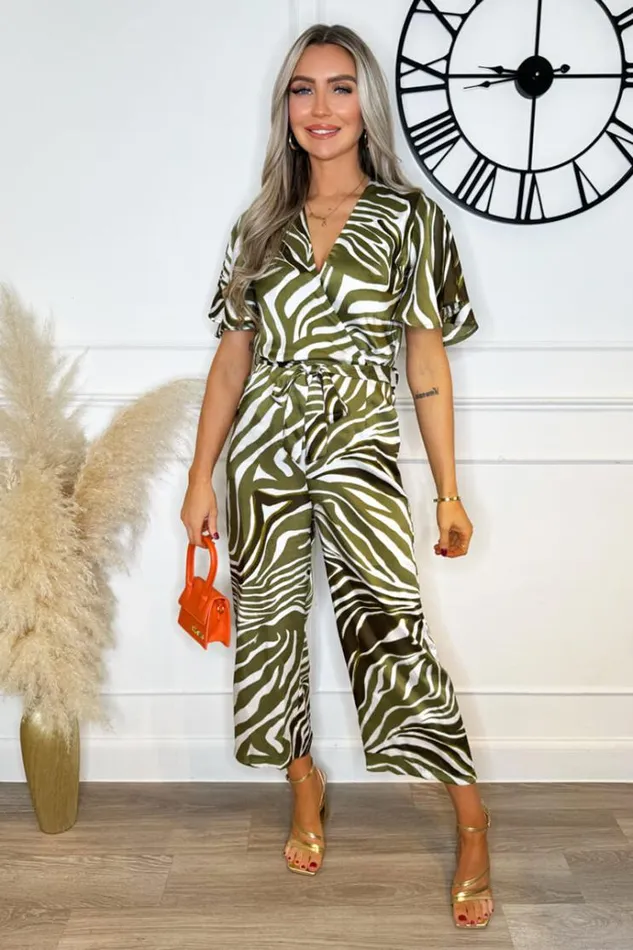 AX Paris Olive Print Wrap Top Tie Waist Jumpsuit Women Jumpsuits And Playsuits
