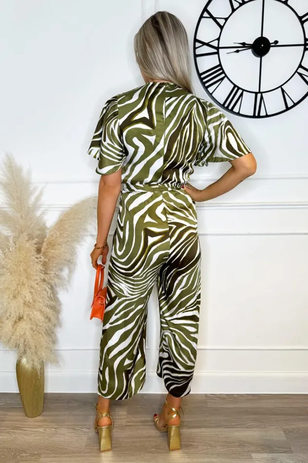 AX Paris Olive Print Wrap Top Tie Waist Jumpsuit Women Jumpsuits And Playsuits