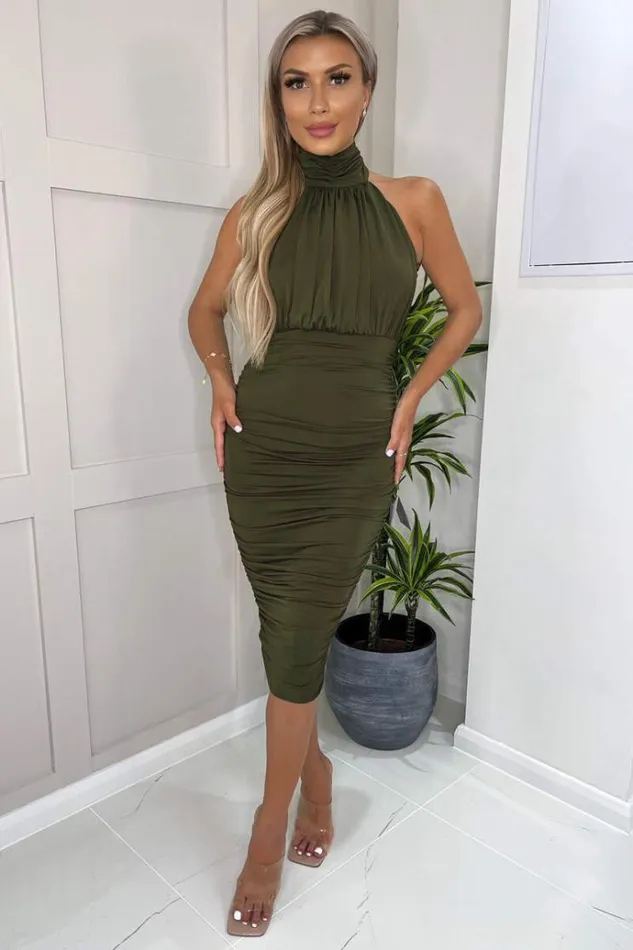 AX Paris Olive Ruched High Neck Midi Dress Women Dresses
