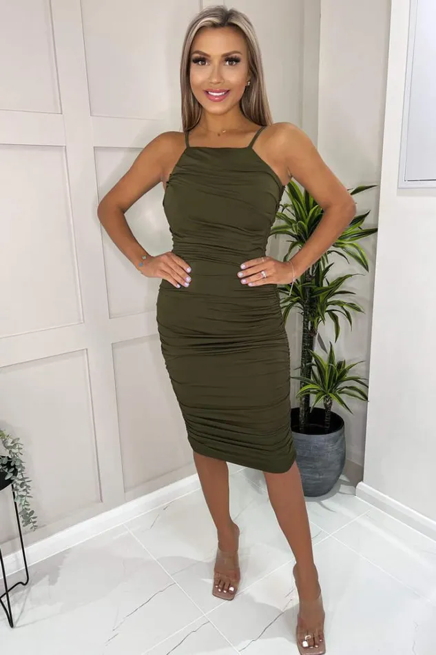 AX Paris Olive Ruched Pleated Top Midi Dress Women Dresses