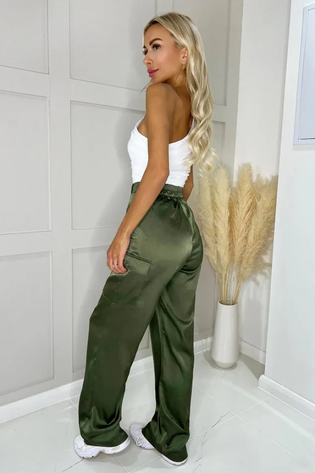 AX Paris Olive Satin Straight Leg Cargo Pants Women Trousers and Leggings