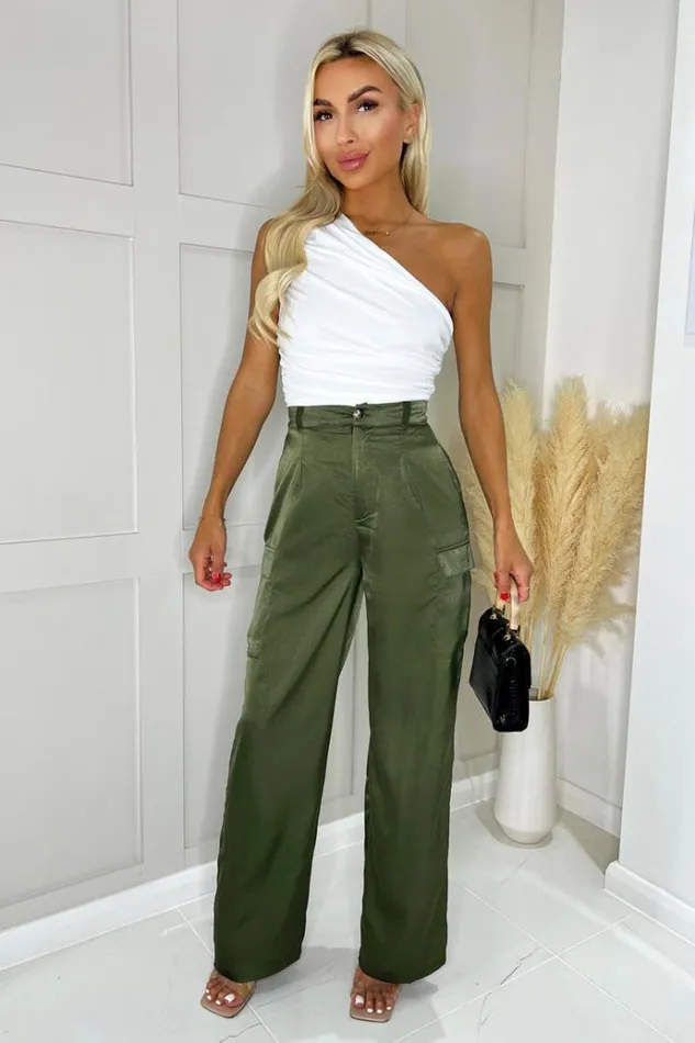 AX Paris Olive Satin Straight Leg Cargo Pants Women Trousers and Leggings