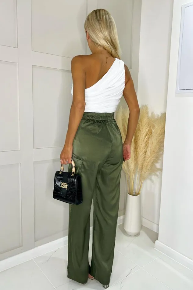 AX Paris Olive Satin Straight Leg Cargo Pants Women Trousers and Leggings