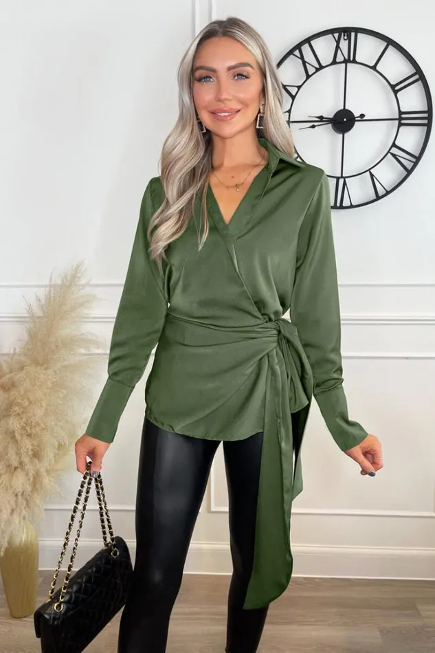 AX Paris Olive Satin Tie Waist Wrap Shirt Women Tops