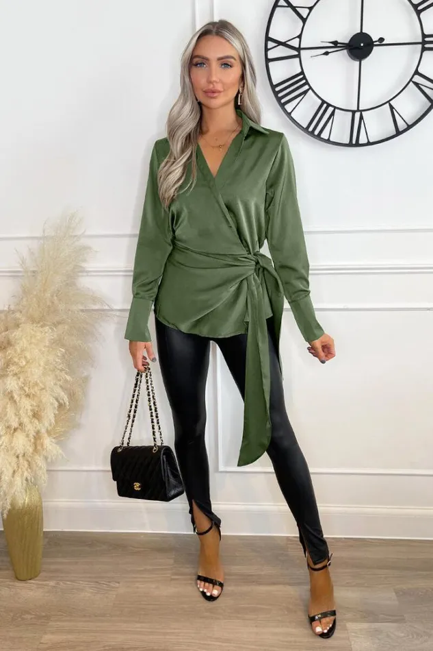 AX Paris Olive Satin Tie Waist Wrap Shirt Women Tops