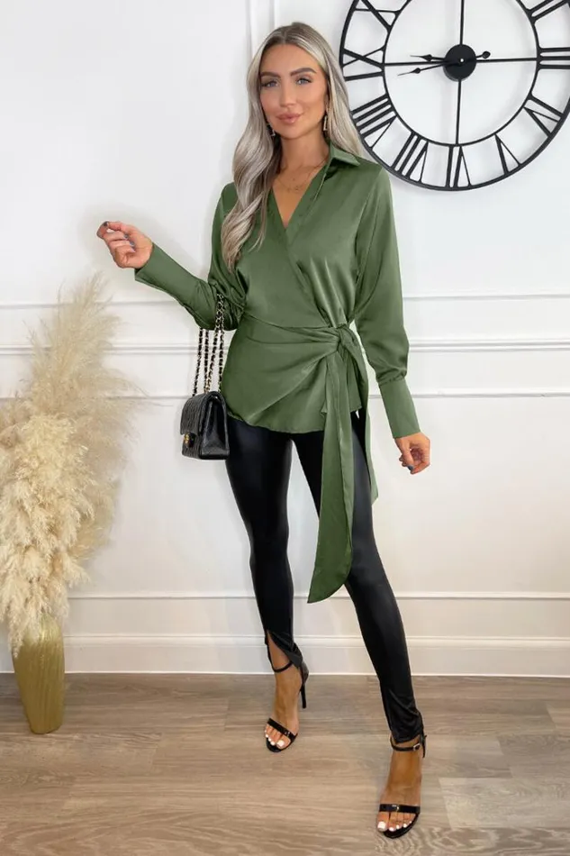 AX Paris Olive Satin Tie Waist Wrap Shirt Women Tops